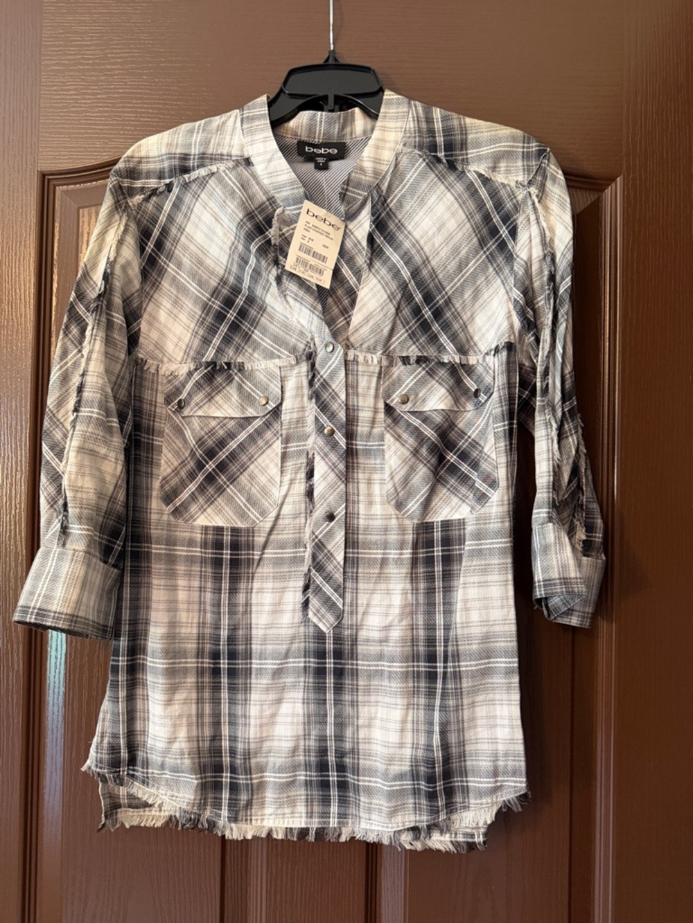 bebe Black & White Plaid Snap-Front Tunic